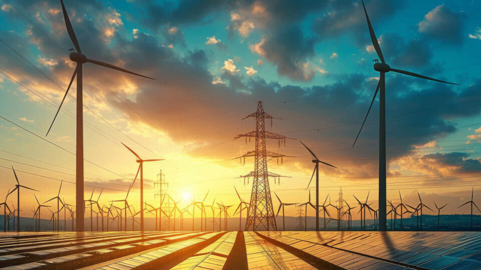 Renewable energy grid: solar panels and wind turbines in action